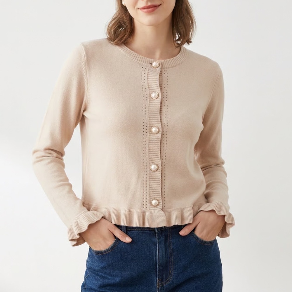 La Vila Milano Blush Pink Ruffle Trim Button Front Cardigan Sweater Small